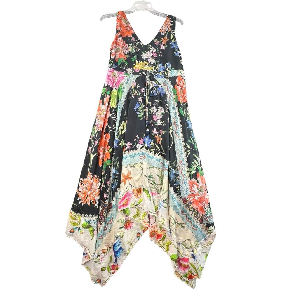 Johnny Was 100% Silk Floral Patchwork Handkerchief Hem Maxi Dress S